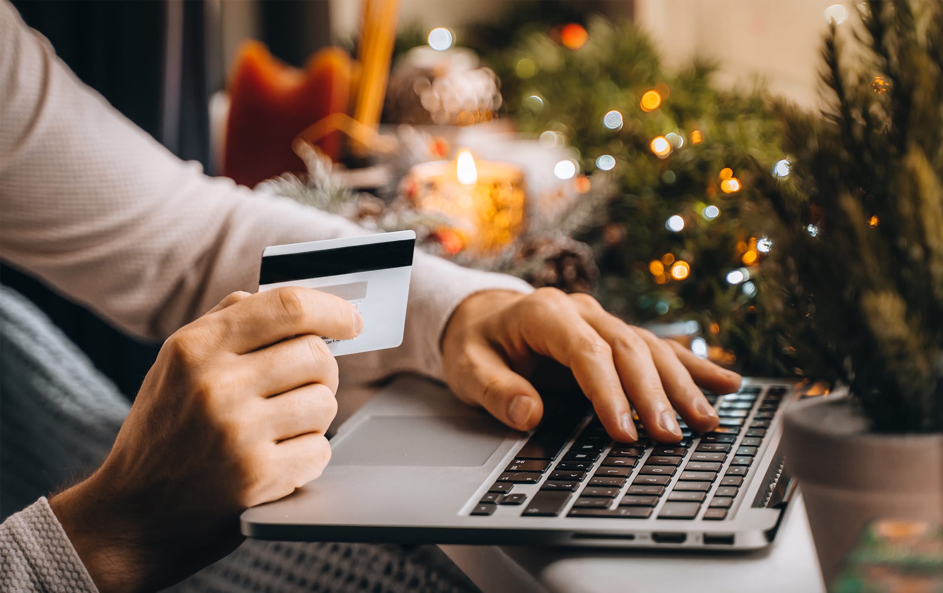 A person hold a credit card while using a laptop