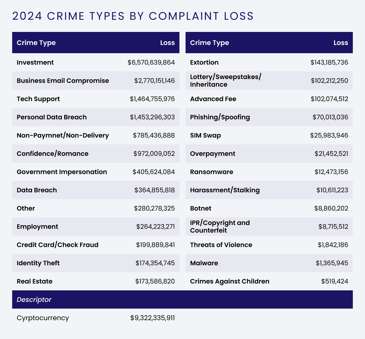 2024 Crime Type Categories by Dollars Lost