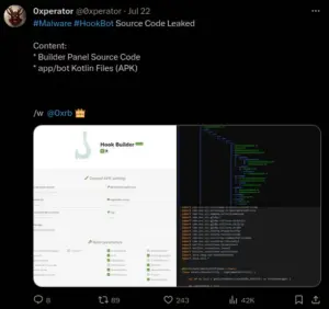 0xperator tweet of HookBot leaked source code