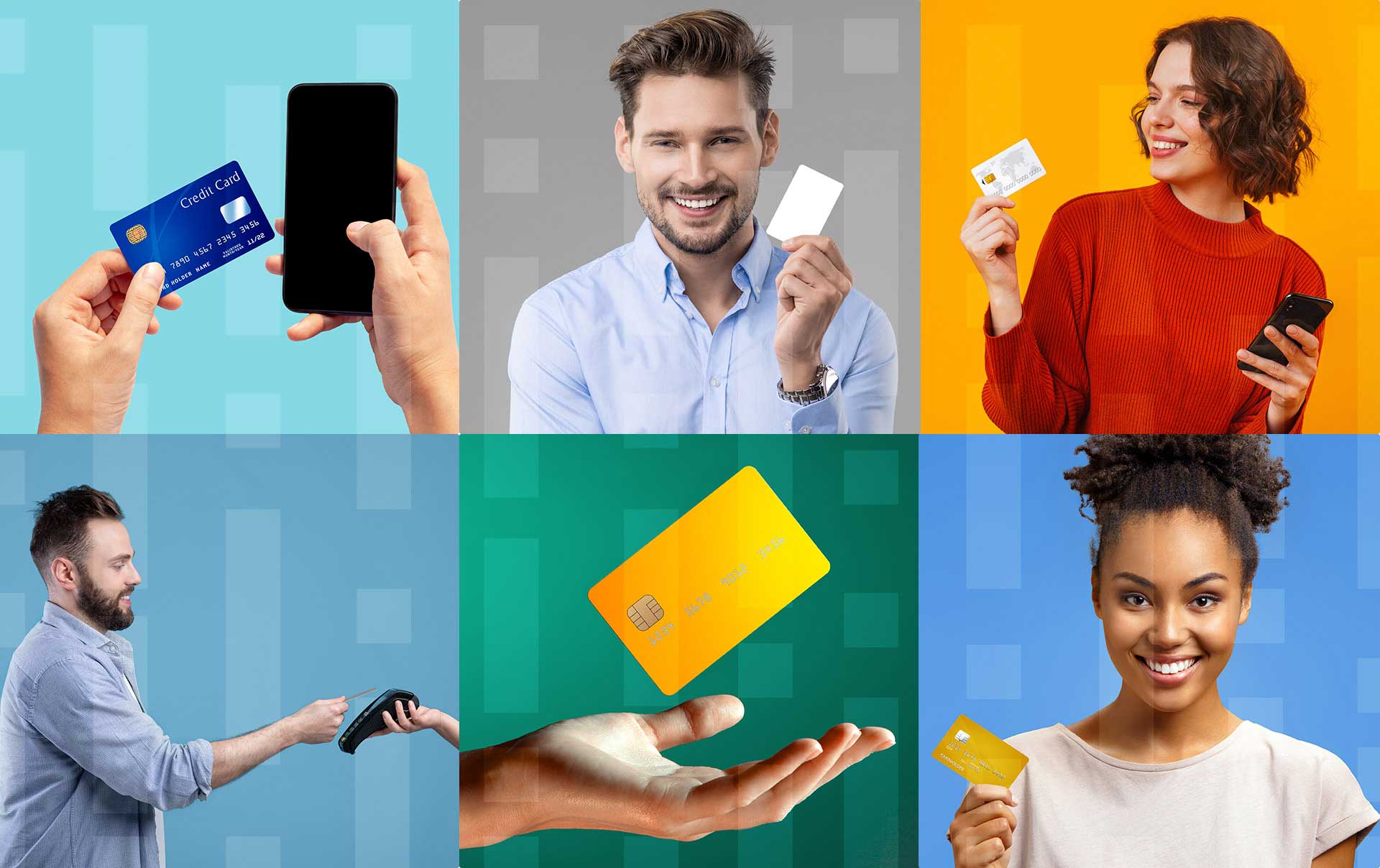 6 tiled images, 3 on top, 3 on bottom. 4 have people with credit cards in various poses. 1 has a credit card and a cell phone. one has a hand holding a credit card